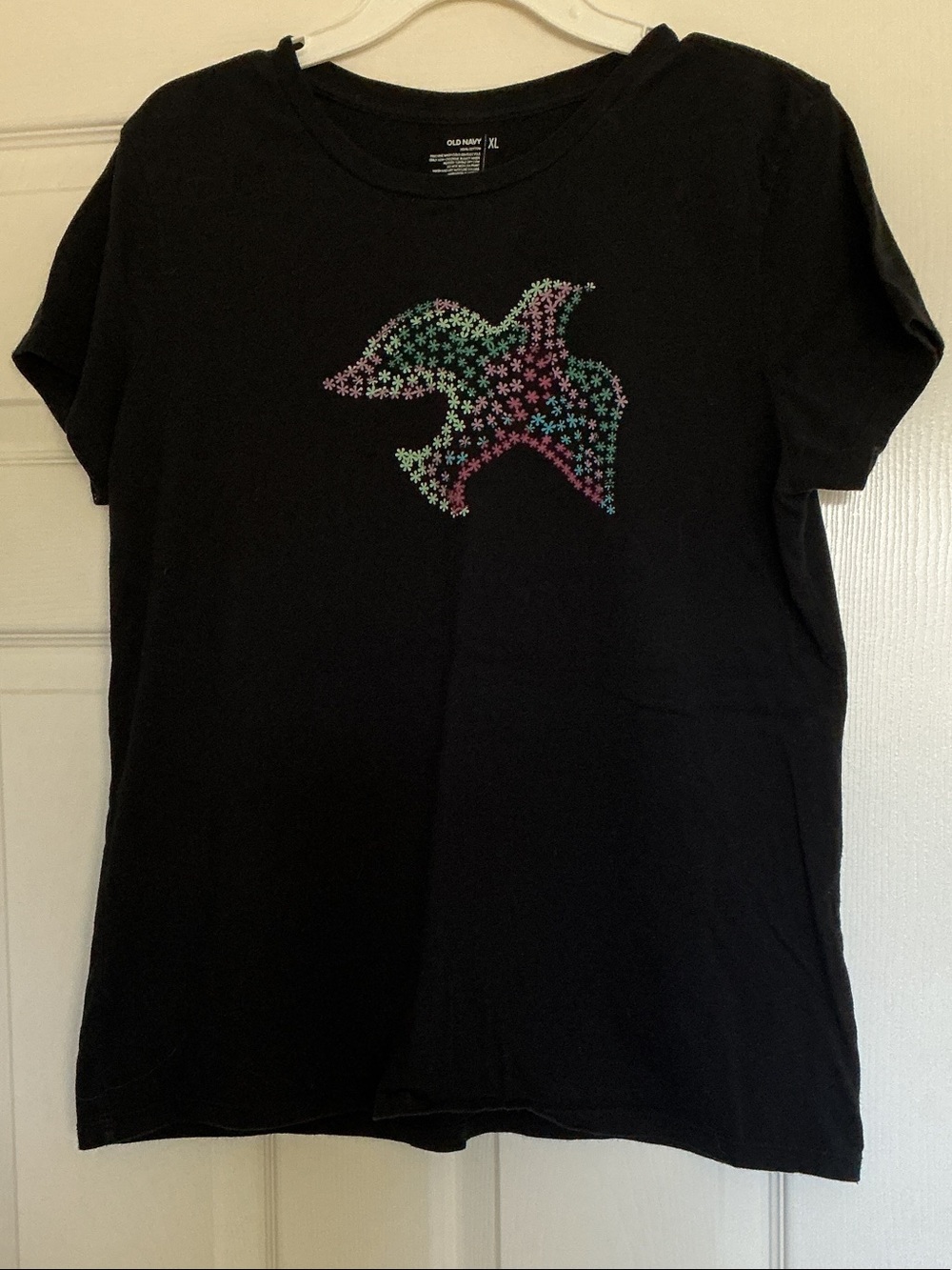 Old Navy Black Tee with Pink, Green & Purple Star Bird Graphic